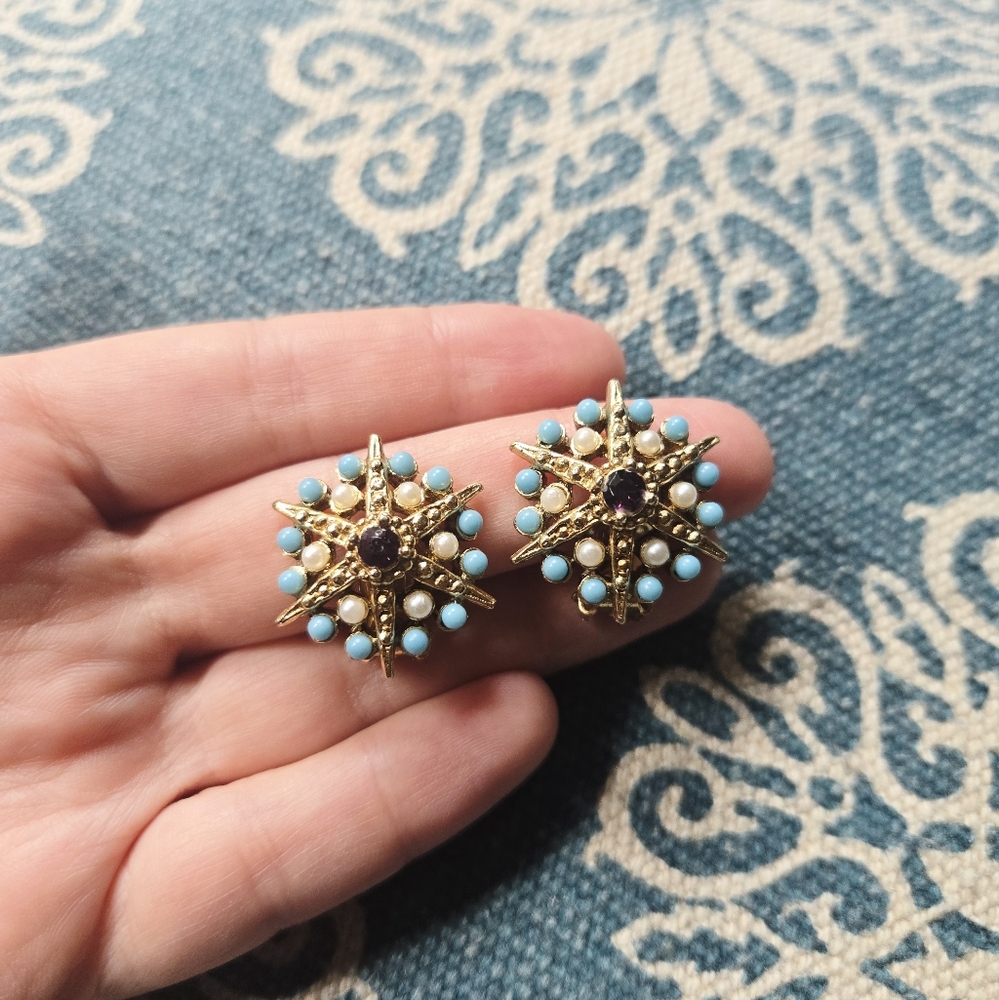Vintage Pair of Gold Turquoise Pearl & Purple Gemston Star Clip-On Clipon Studs